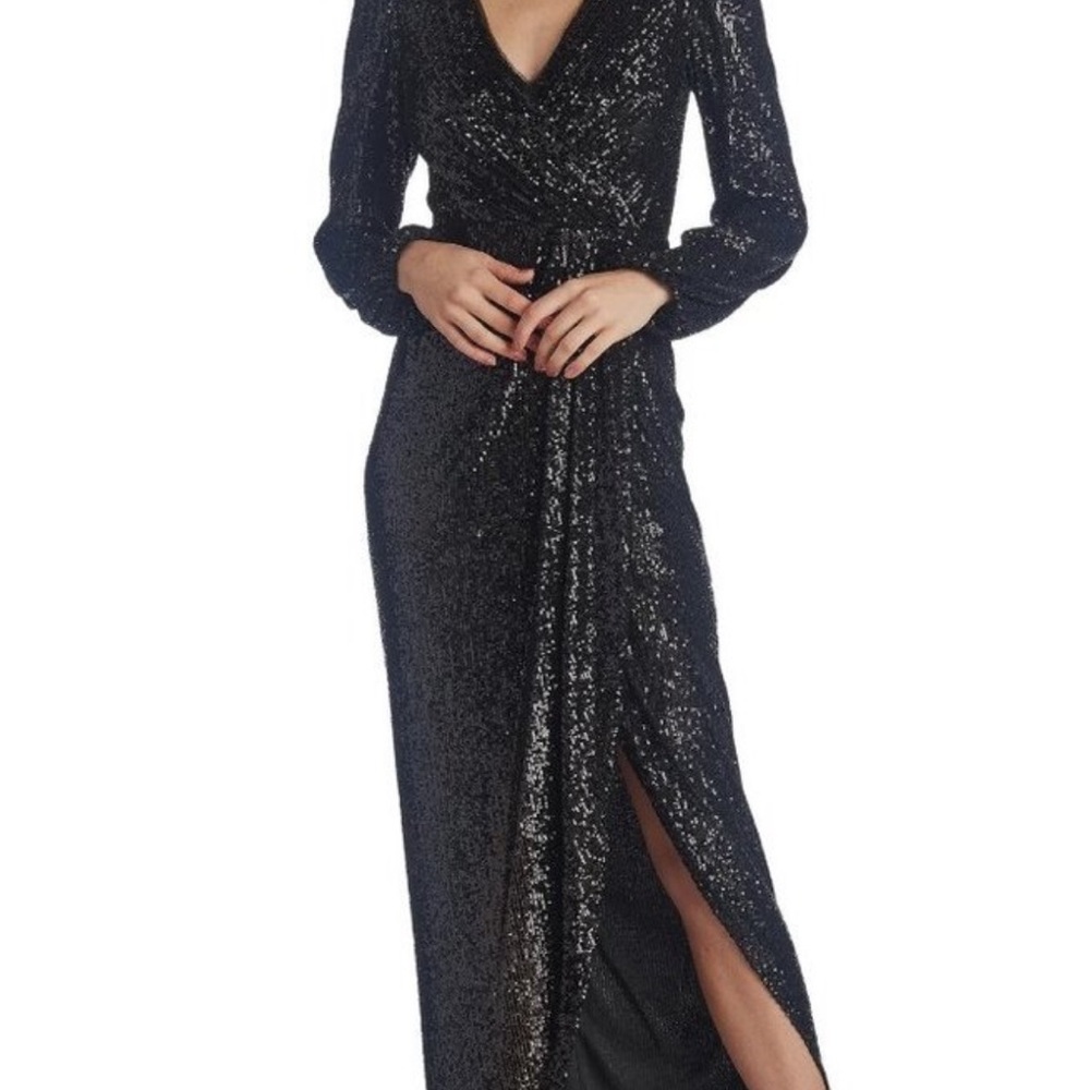 Xscape Black Sequin Wrap Gown with Bishop Sleeves